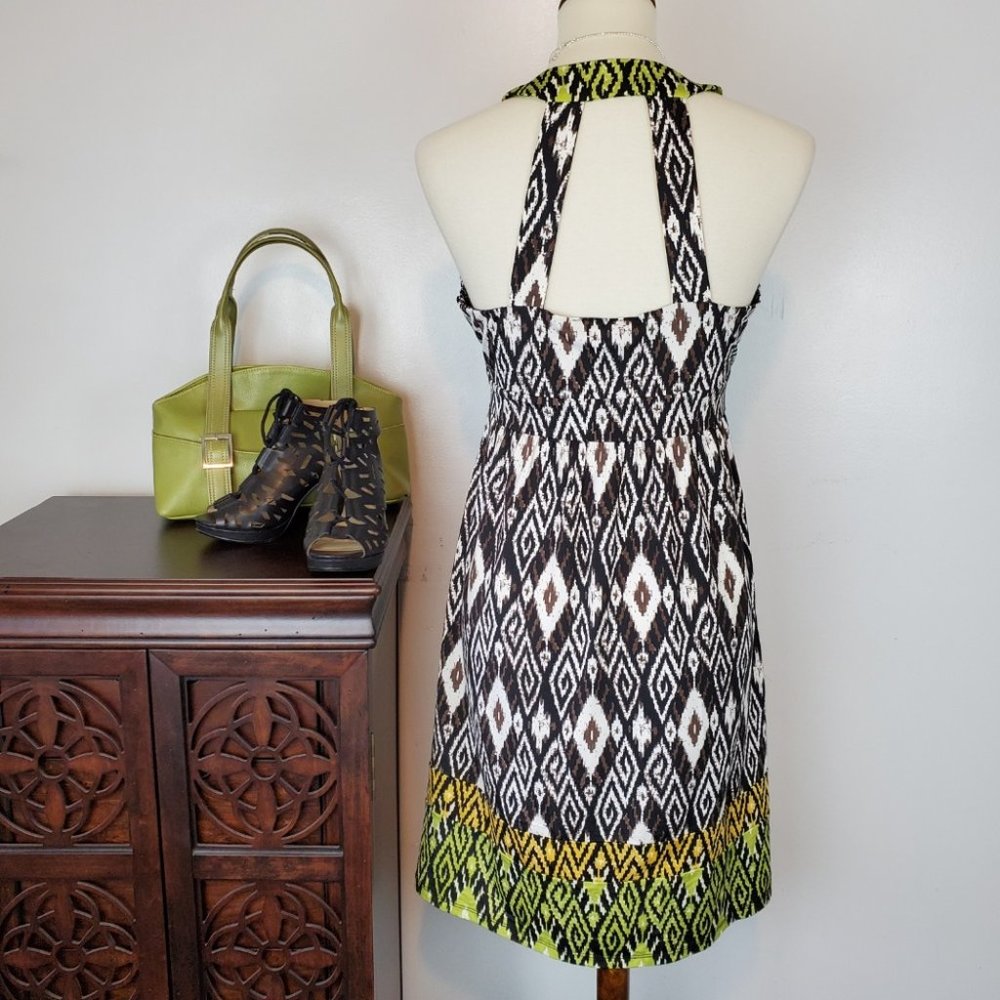 INC International Green Brown Black Sleeveless V-Neck Halter Dress Size M - Picture 4 of 8